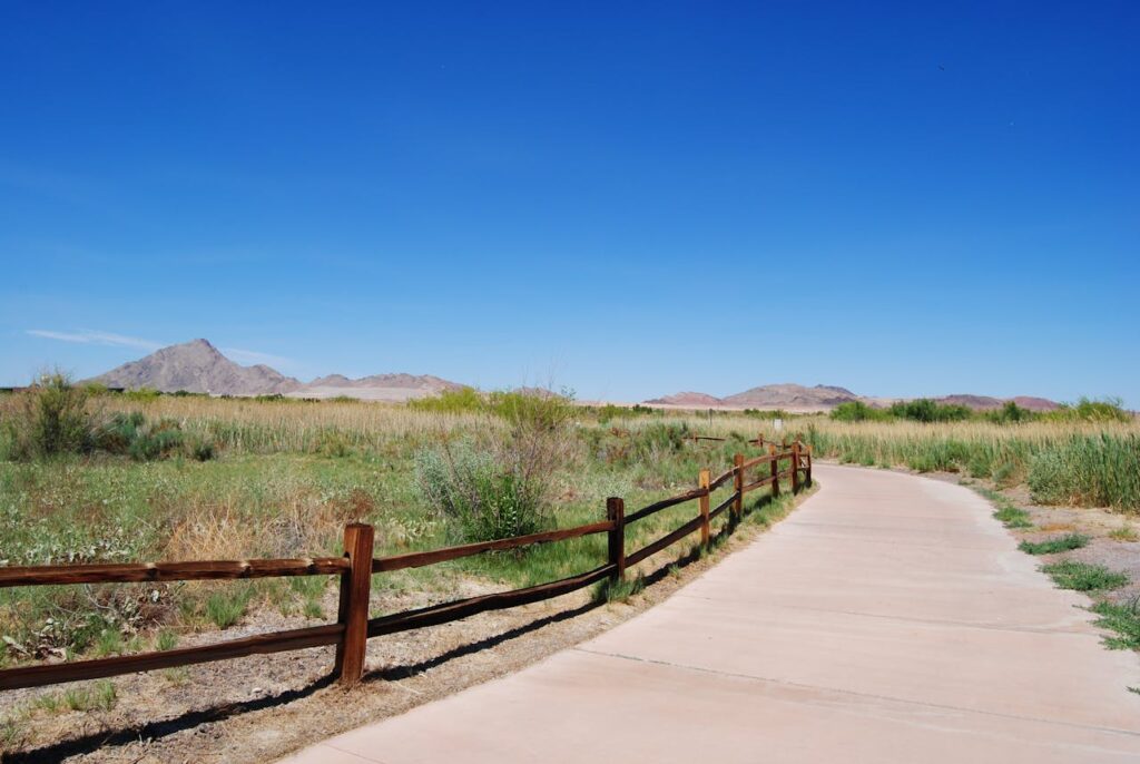 A paved path leading to a fence and a grassy area